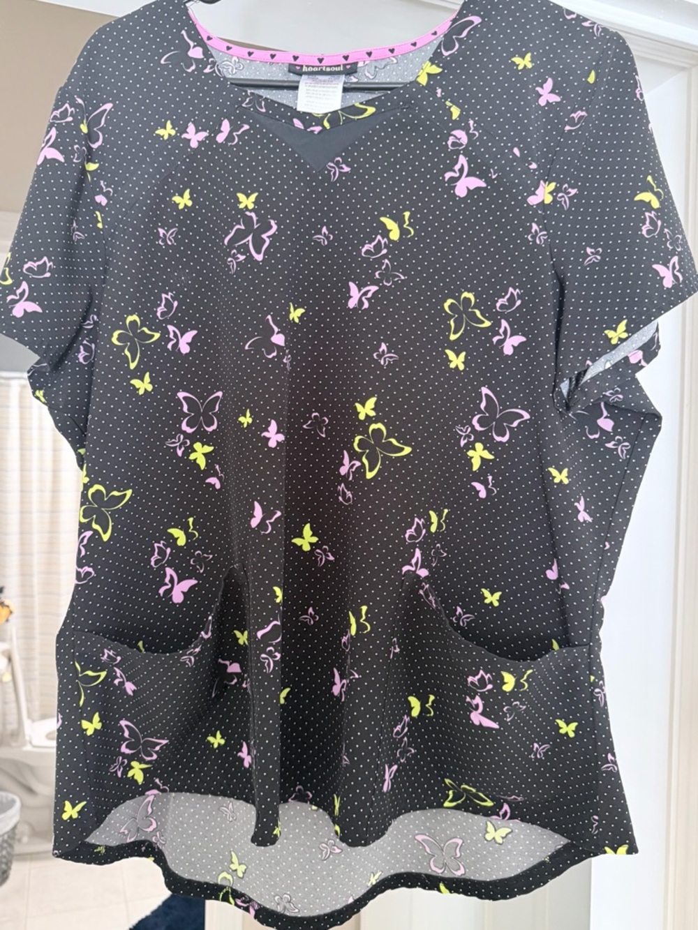 Black Butterfly Print Medical Scrub Top with Pink & Yellow Accents
